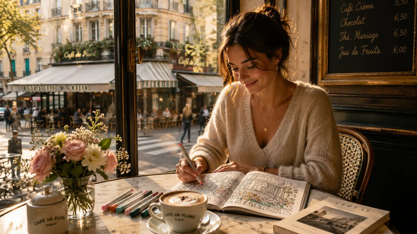 Woman relaxing with a Bold & Easy coloring book in a Paris café, illustrating creative stress relief and mental recovery.