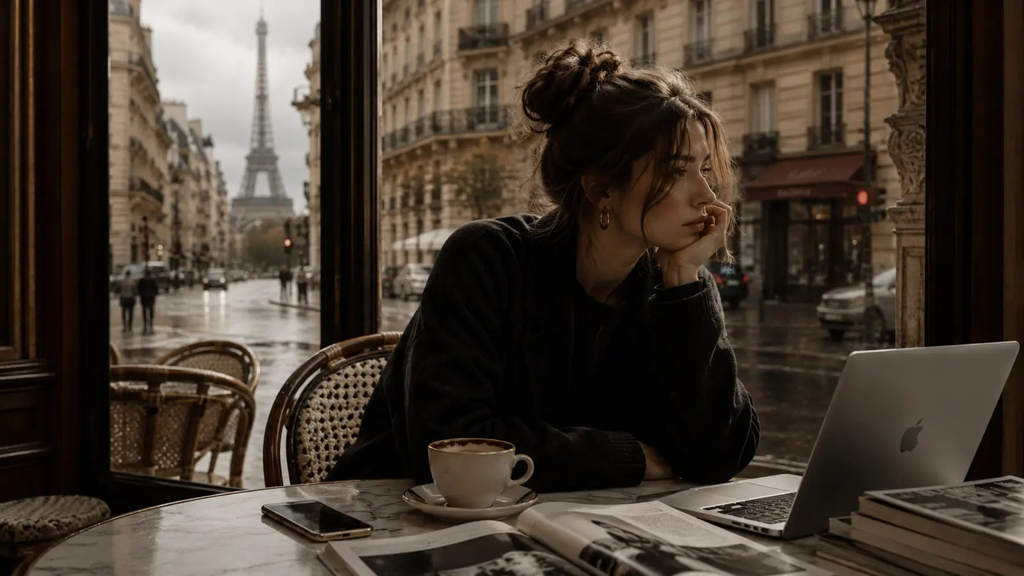 Woman sitting in a Paris café feeling mentally exhausted while working on a laptop, illustrating mental fatigue and cognitive overload.