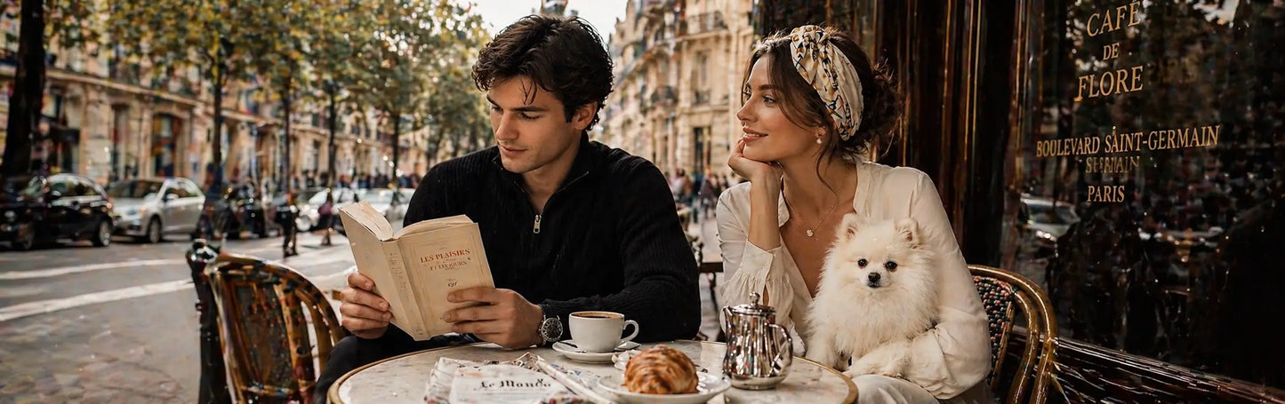 Elegant couple with a pomeranian dog at a Paris café representing slow living lifestyle