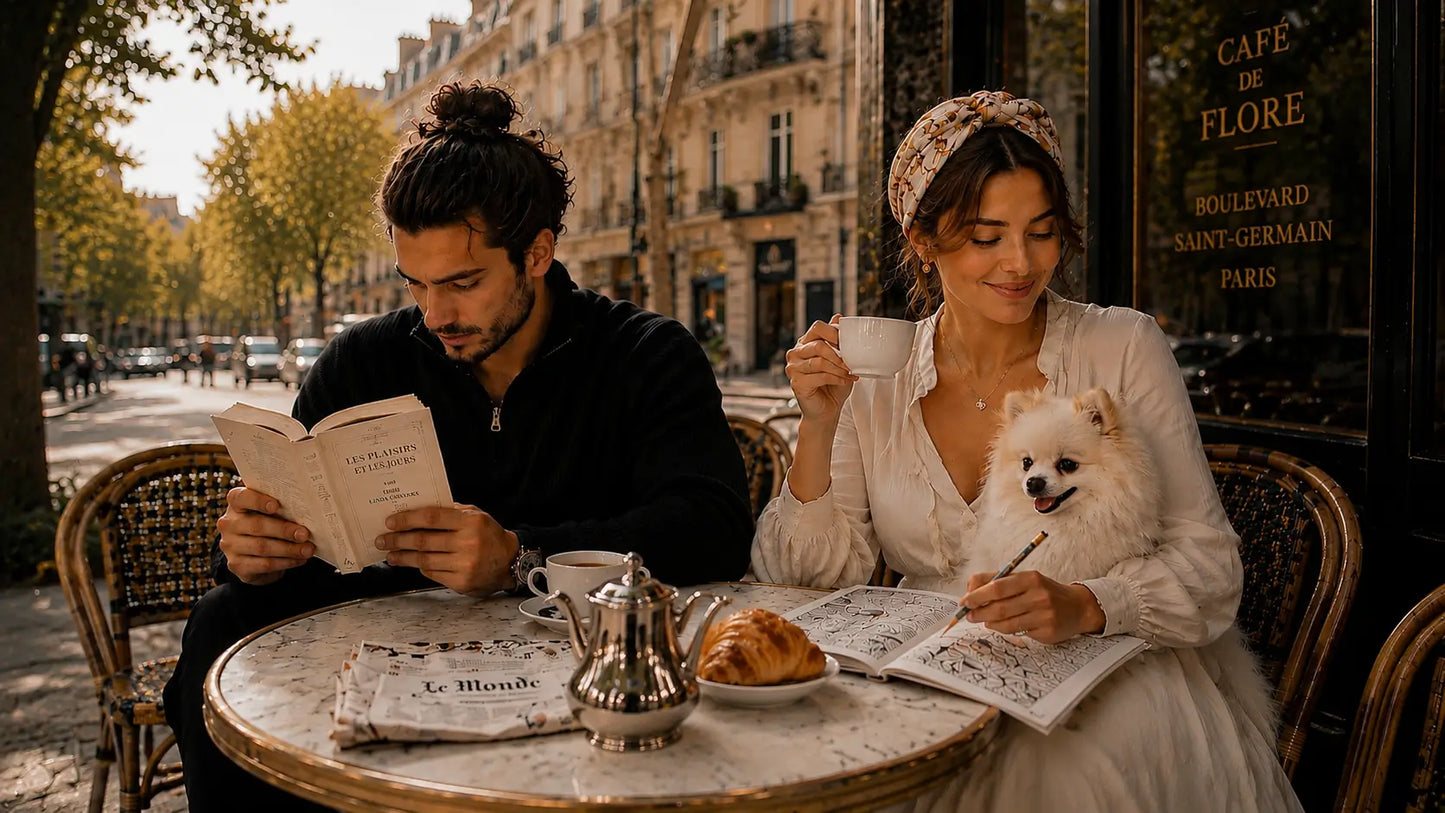 Woman and man with a dog sitting in a Paris café feeling happy, enjoying small rituals like reading, drinking coffee, colouring a book.