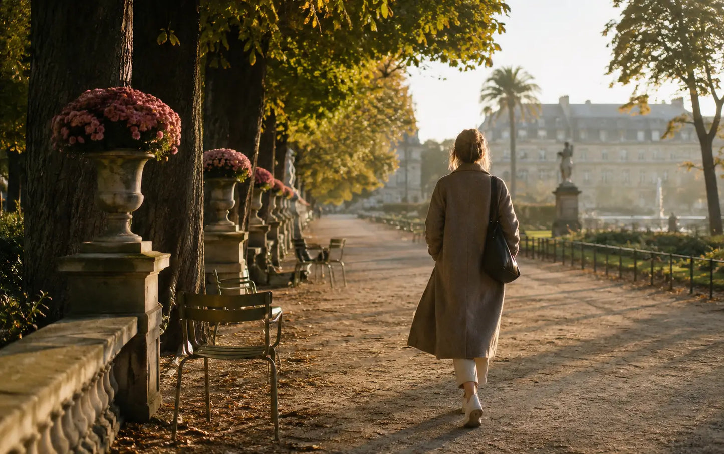 Young woman walking through a peaceful Paris garden at sunrise, illustrating active recovery, stress reduction, and attention restoration.
