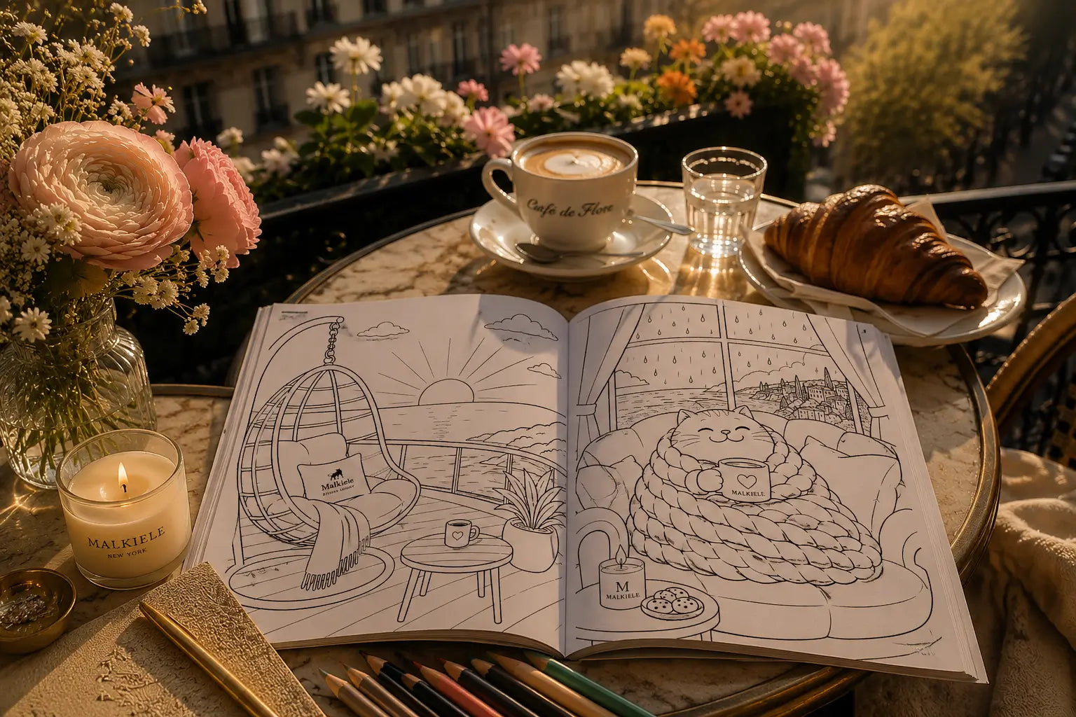 Adult coloring book on the terrace in Paris