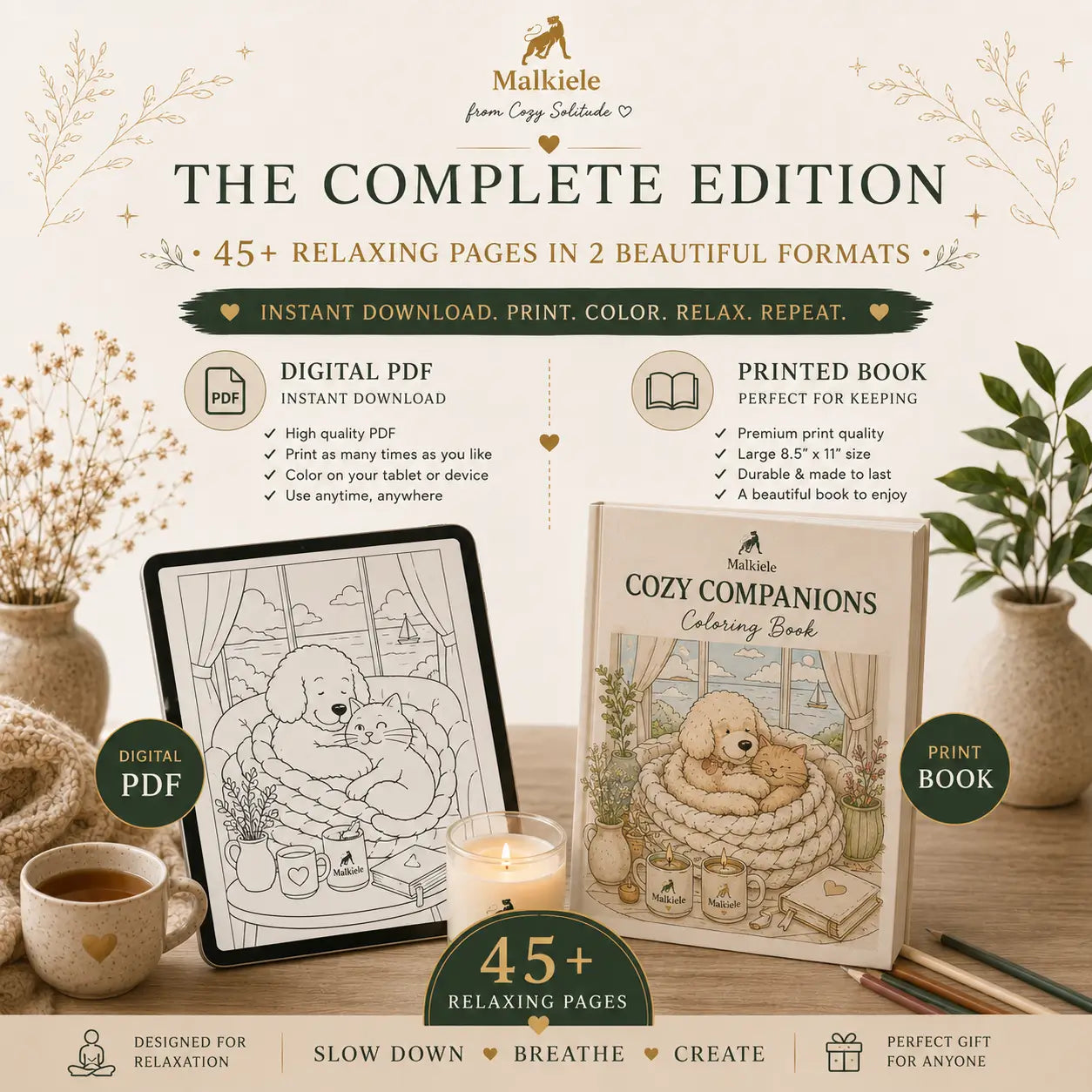 Promotional graphic for the 'Cozy Companions Coloring Book' by Malkie from Cozy Coquette, showing the digital PDF and printed book cover designs side-by-side on a warm, styled background with a candle, coffee cup, and plants.