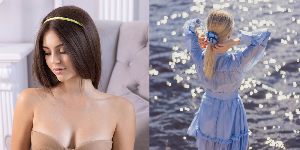 Two girls are wearing Malkiele designer silk hair accessories, one silk scrunchie embellished with pearls from Swarovski and one silk knit headband.