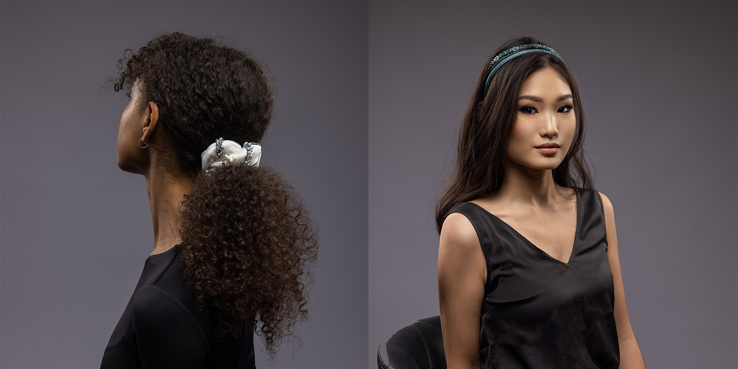 Two girls are wearing Malkiele designer silk hair accessories, one silk scrunchie and two silk knit headbands embellished with pearls from Swarovski.