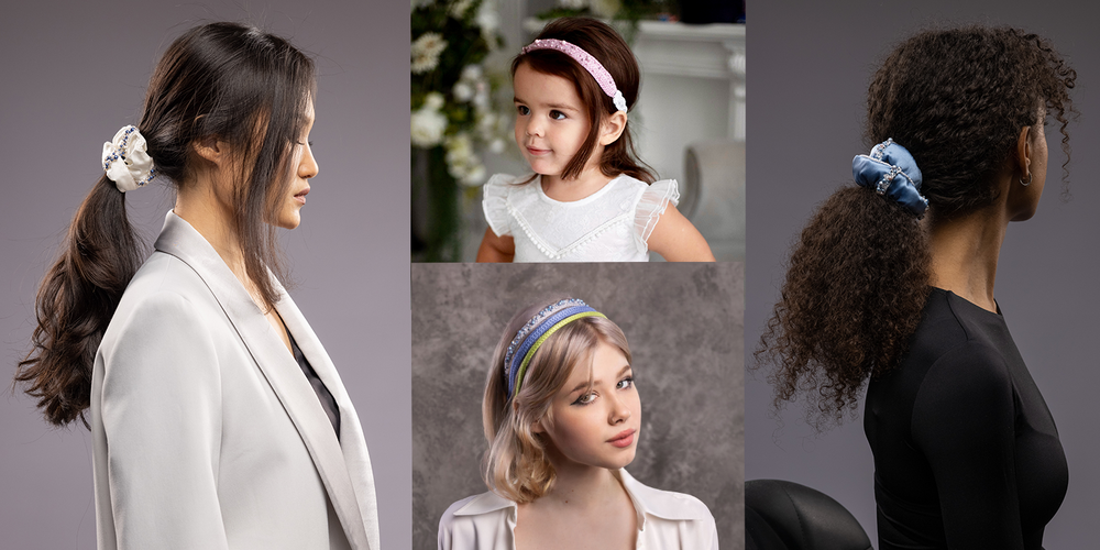 Four stylish girls are wearing Malkiele designer luxurious silk hair accessories embellished with pearls from Swarovski.