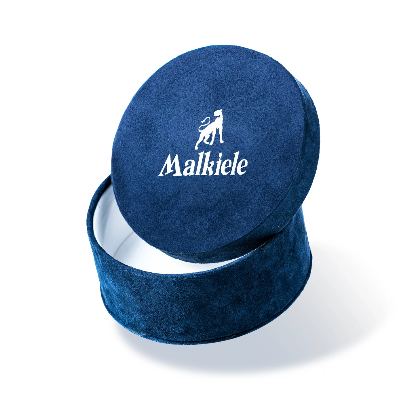 Malkiele designer, dark blue round velvet box with open cover, white lining, printed silver Malkiele logo and lioness on the cover, small size, name Adorable.