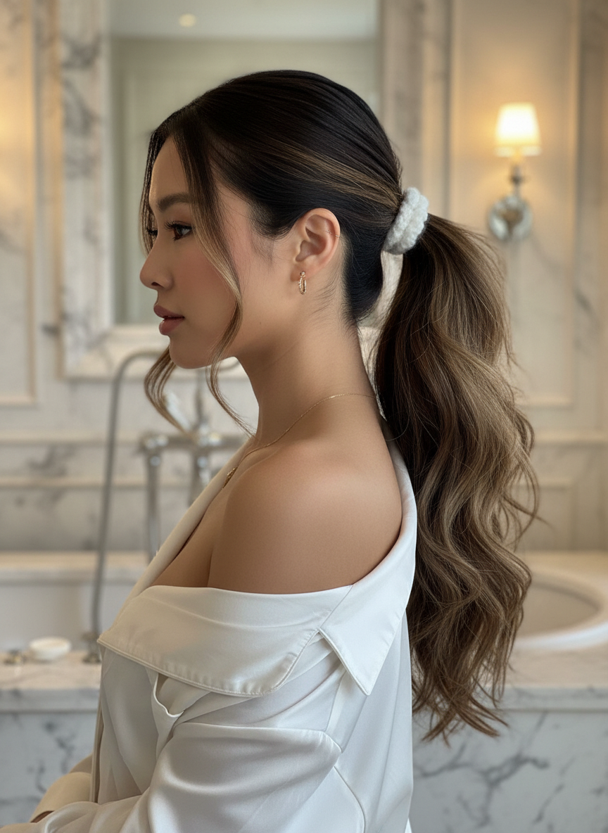 Woman with a high ponytail in a bathroom setting