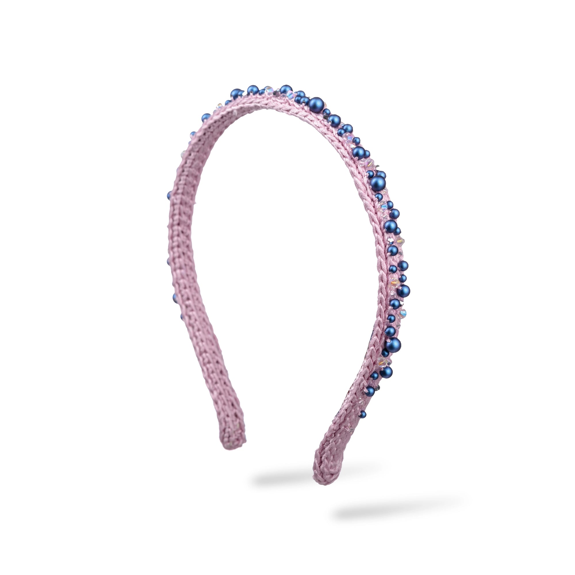 Malkiele designer Confident silk knit headband embellished with pearls from Swarovski®, in rose and blue colors.