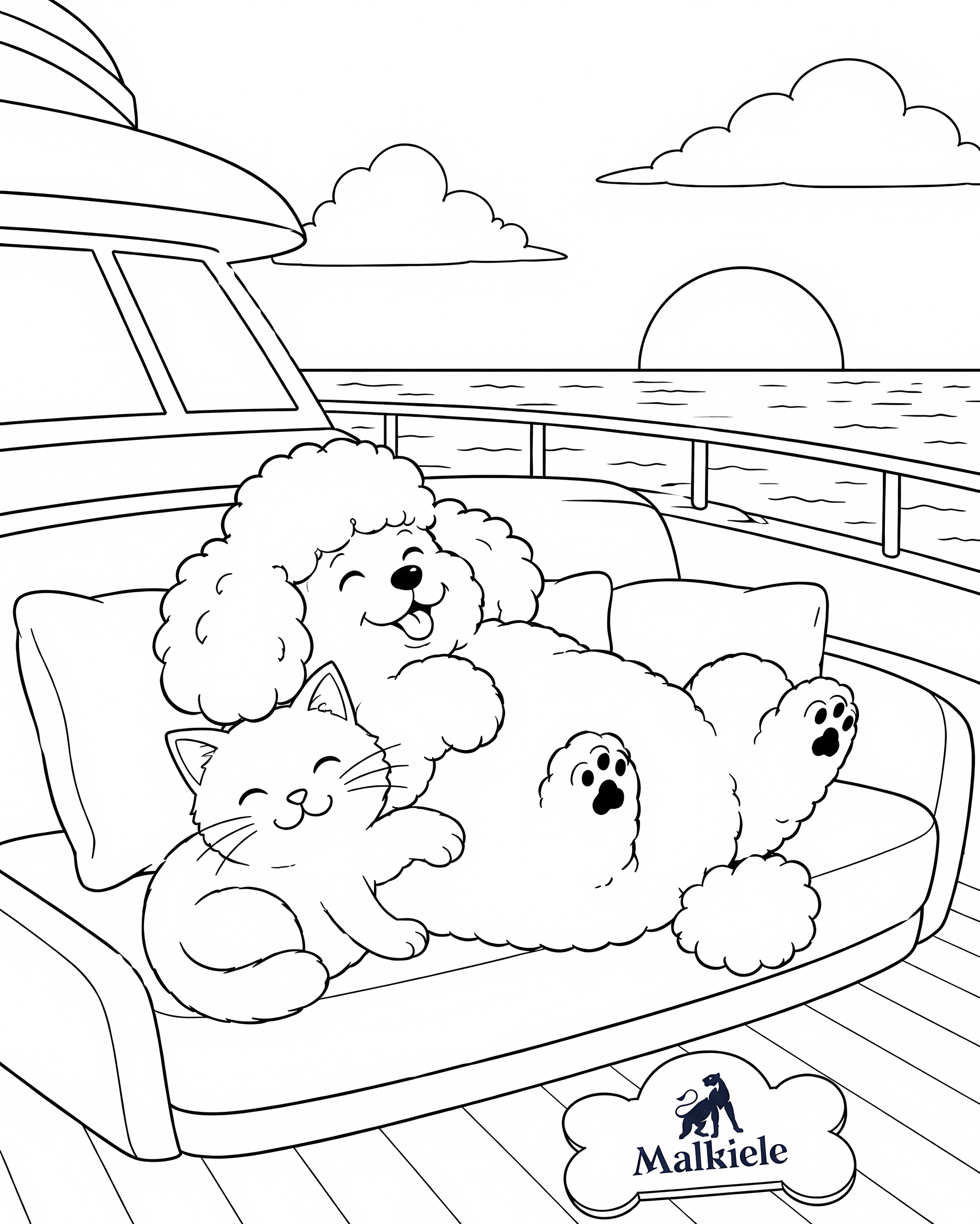 Black and white line art coloring page featuring a fluffy dog and a cat lounging on a boat deck, with the brand name 'Malkiele' printed on a cloud-shaped logo at the bottom right.