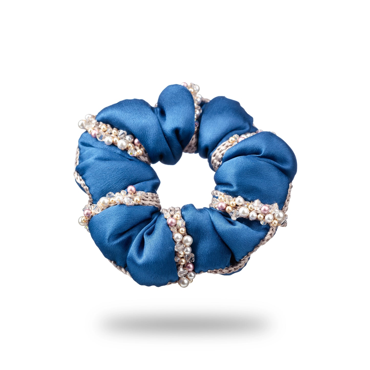 Malkiele designer, royal blue silk scrunchie for woman, embellished with crystals from Swarovski® and beige silk knit ribbon, premium and sustainable, name Elizabeth.