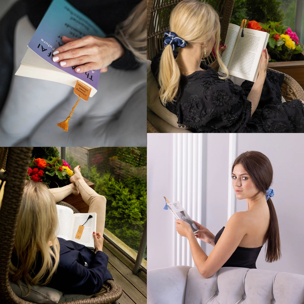 A dark-haired woman with stylish ponytail is holding book with Malkiele designer Bookmark with silk tassel.