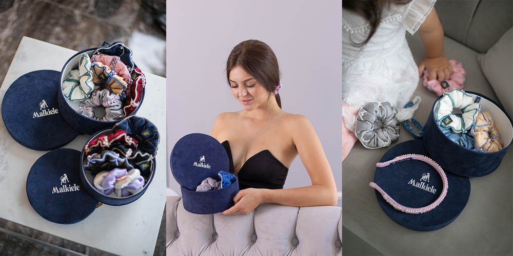 Set of three images, a dark-haired girl holds with her hands Malkiele designer exclusive Velvet round box full of silk hair scrunchies.