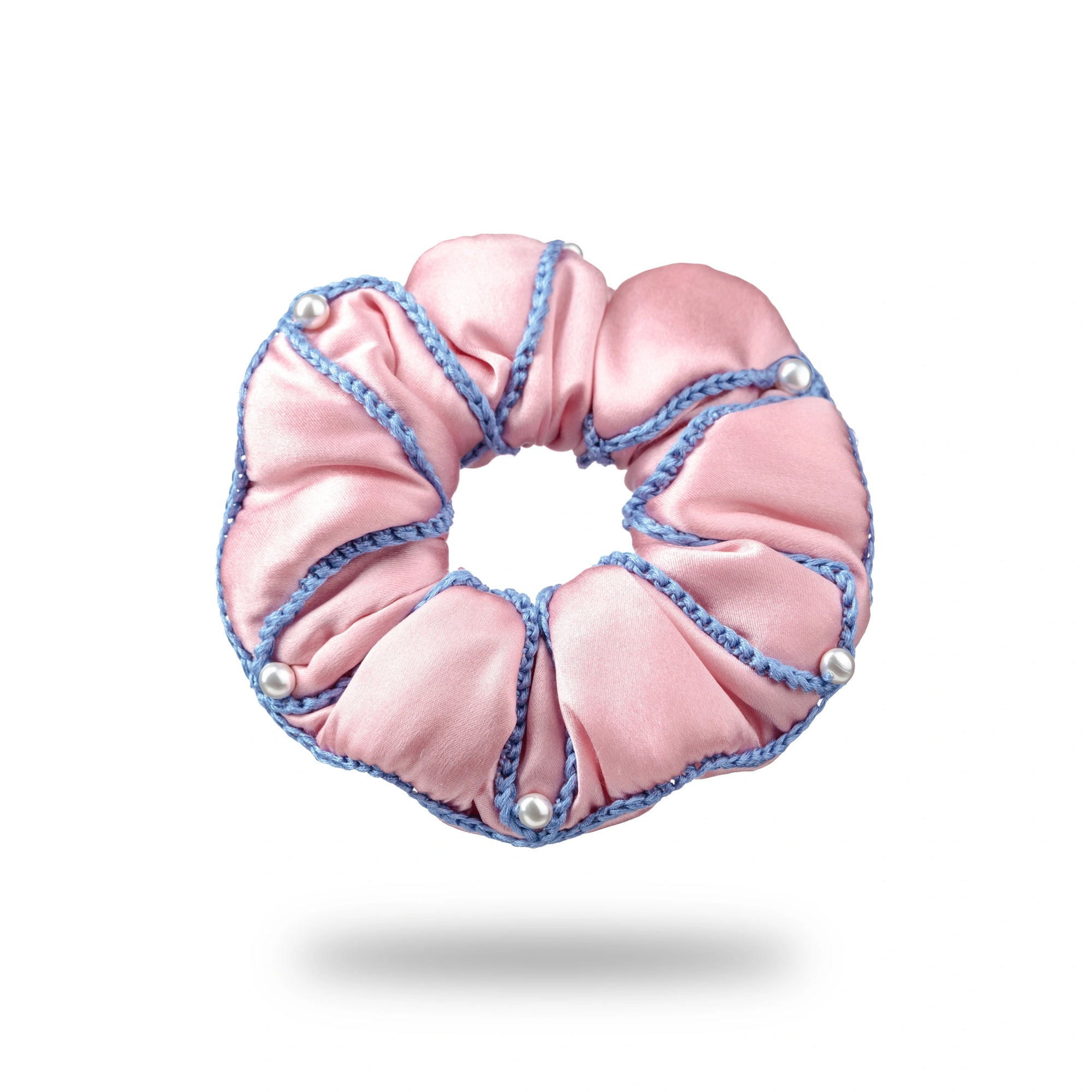 Malkiele designer, pink silk scrunchie for woman, embellished with 6 white pearls from Swarovski® and light blue silk knit ribbon, premium and sustainable, name Majestic.