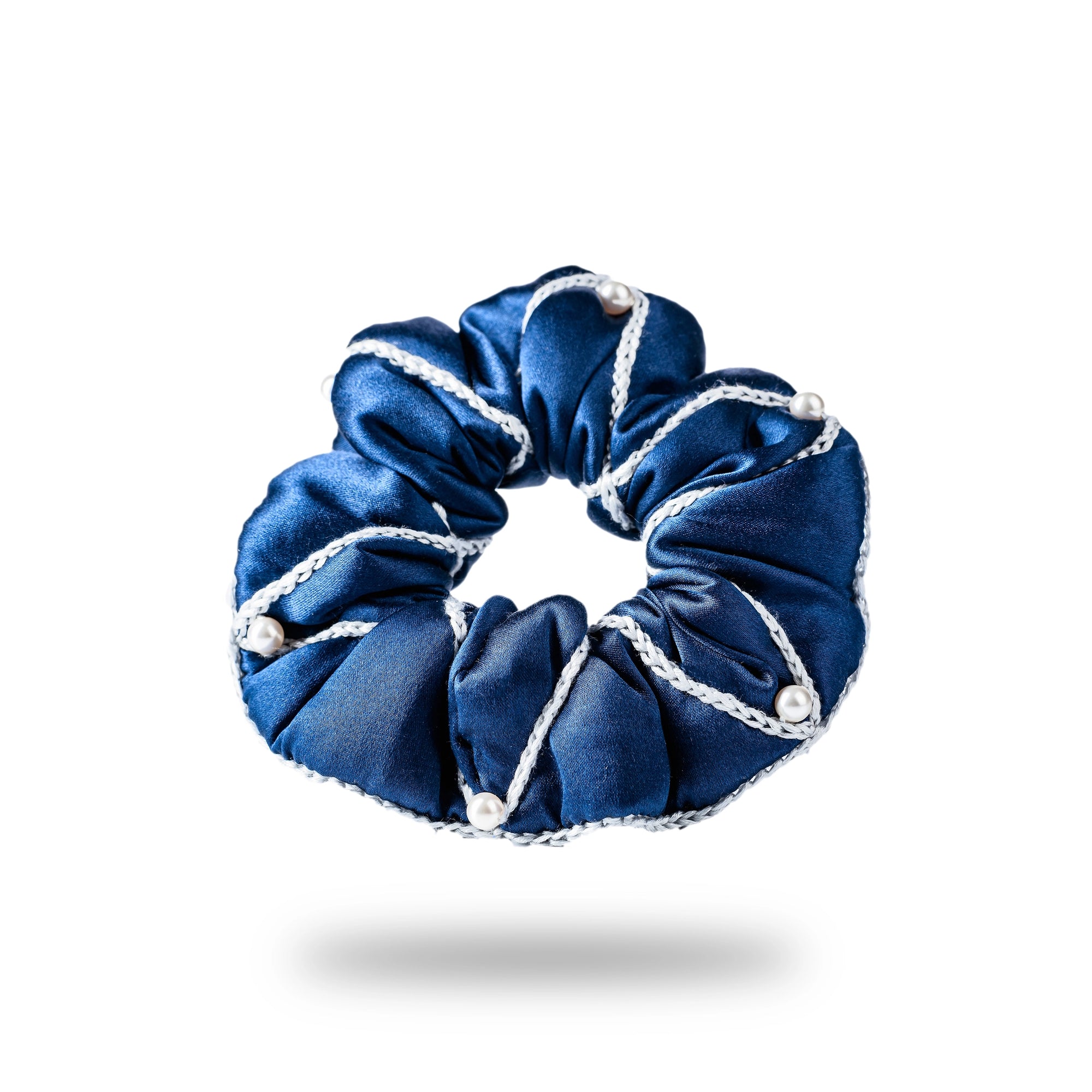 Malkiele designer silk scrunchie Majestic 6  pearls from Swarovski®, in blue and grey  colors.