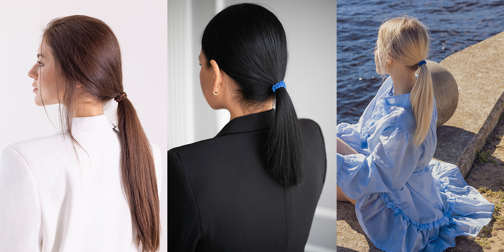 Three girls from behind with classy ponytails are wearing Malkiele designer silk hair ties.