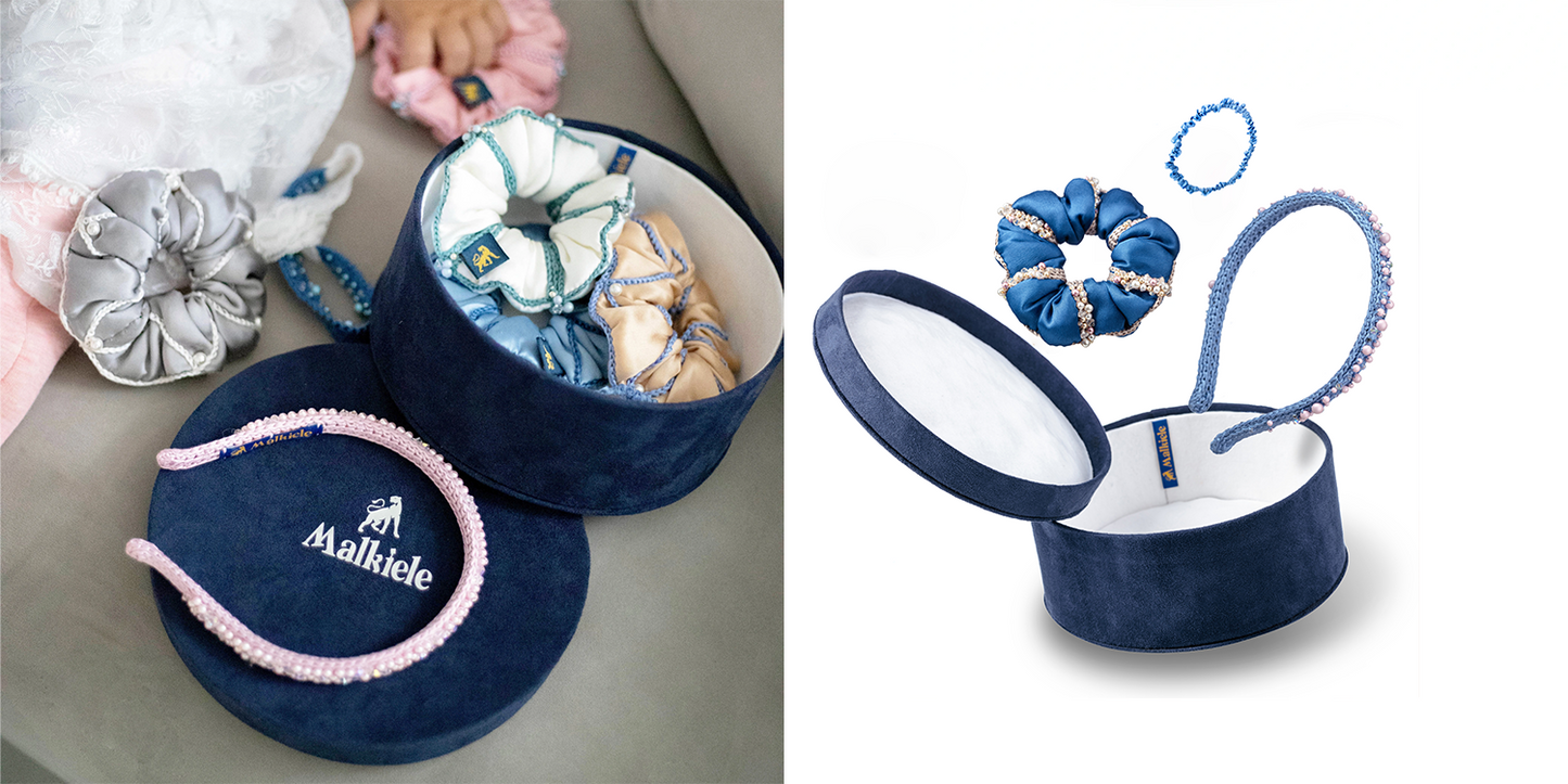 Malkiele designer luxury gift sets with silk hair accessories in blue.