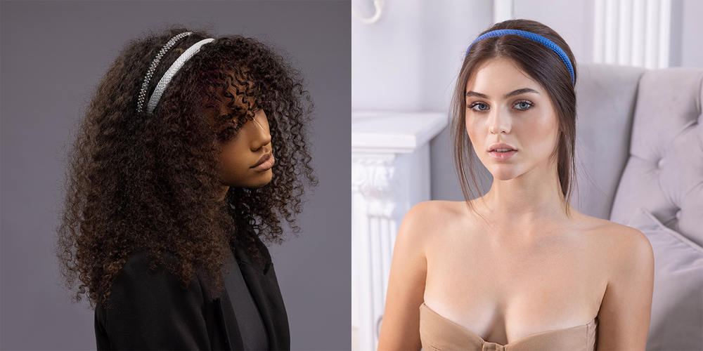 Two women are wearing Malkiele designer silk knit headbands in blue and grey.