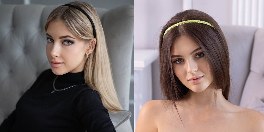 Two stylish girls are wearing Malkiele designer silk knit headbands in black and light green.