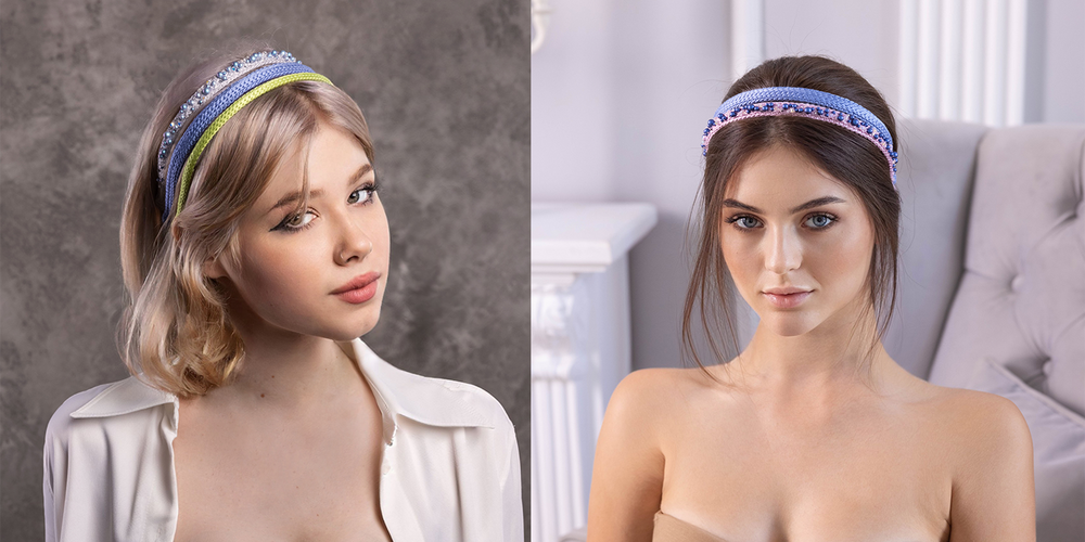 Two girls are wearing Malkiele designer silk knit headbands different colours.