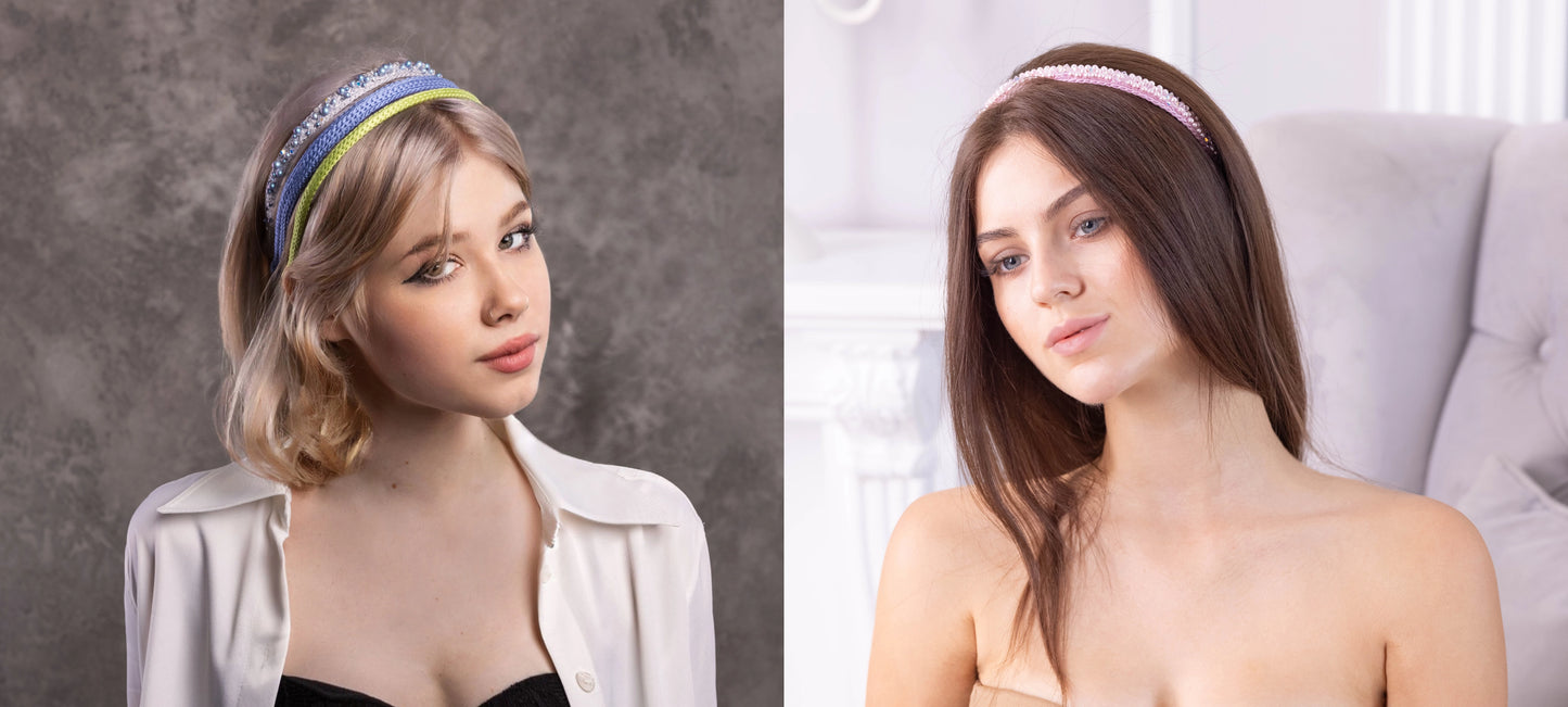 Set of two sophisticated girls, both are wearing Malkiele designer silk knit headbands embellished with pearls from Swarovski®, in rose, light green, light blue and grey colors.