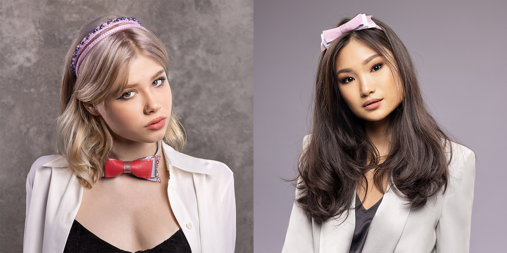 Two girls are wearing Malkiele designer silk knit headbands with leather bows.