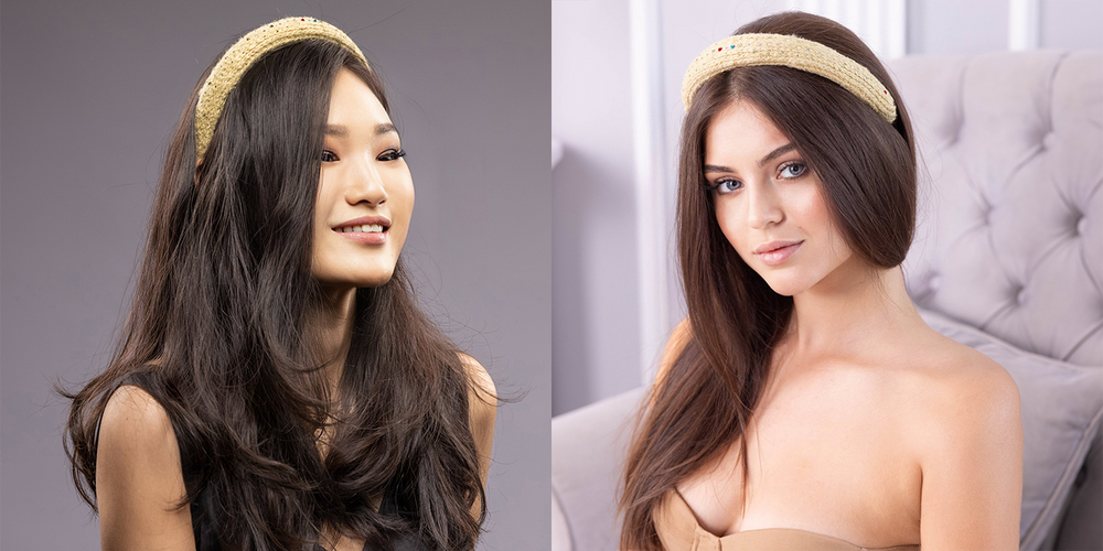 Two dark-haired women are wearing Malkiele designer silk knit headbands with Swarovski crystals in yellow.