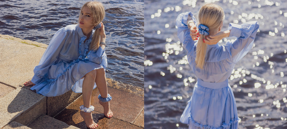 Set of sophisticated blonde-haired girls in light blue dress, they are wearing Malkiele designer silk scrunchies, stylish ponytail, name Majestic 6 Pearls.