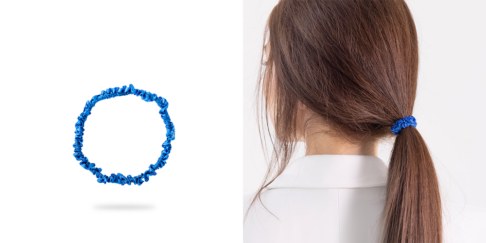 Malkiele size guide for FINESSE silk gentle hair ties, a dark-haired woman with ponytail is wearing blue hair tie.