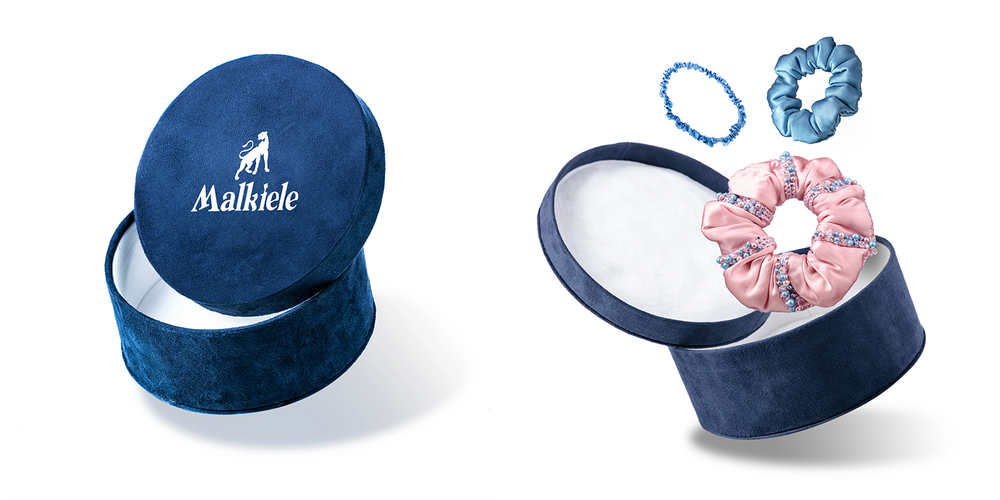 Malkiele size guide for Adorable velvet round boxes, small size, an opened box with silk scrunchies inside.