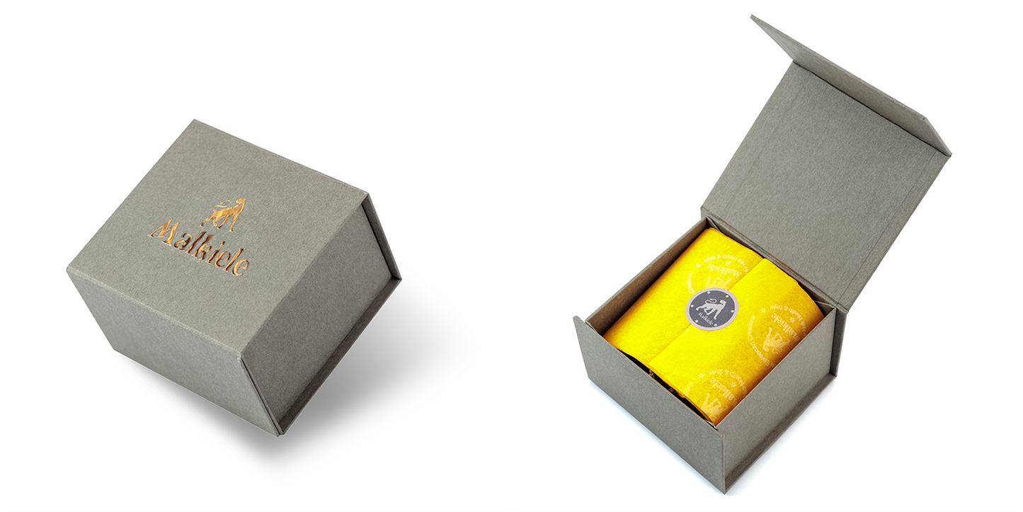 Malkiele size guide for Festive gift magnetic box, grey colour, the opened box with yellow tissue paper inside.