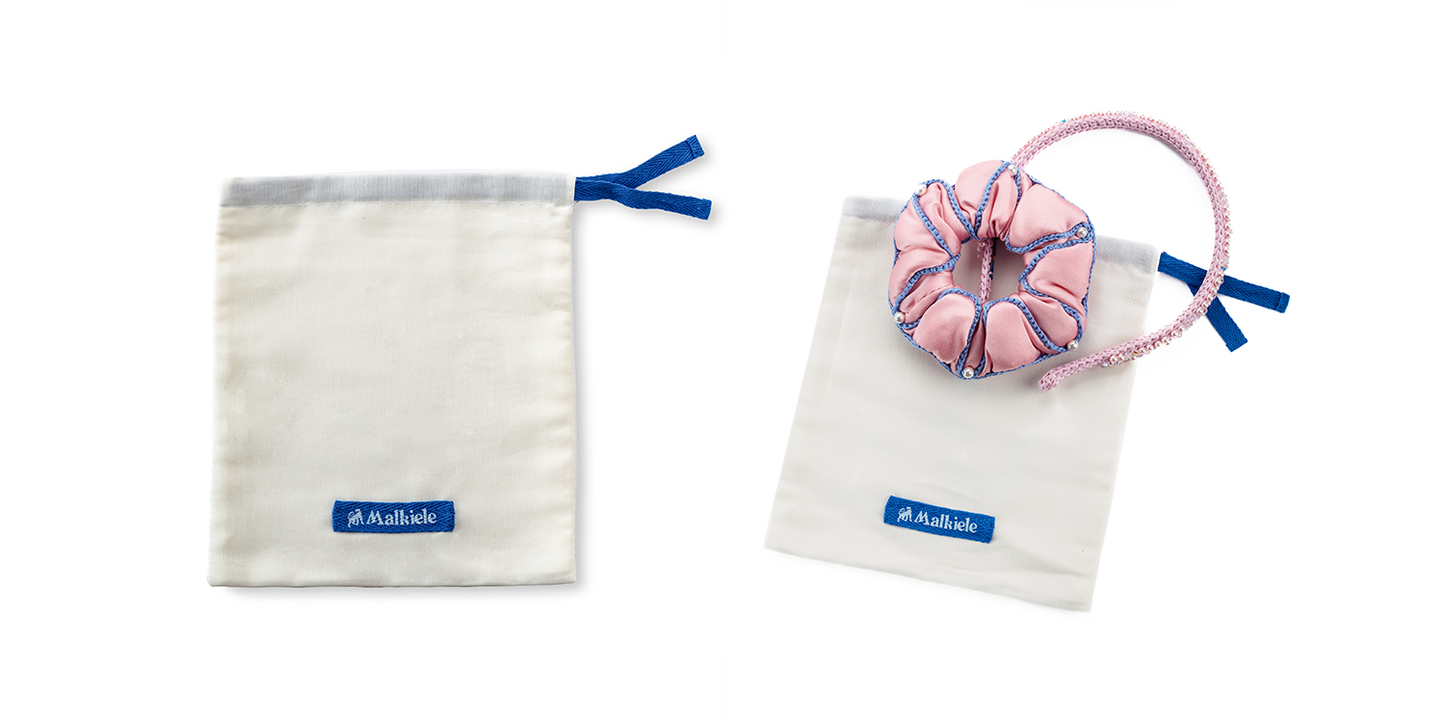 Malkiele sustainable designer cotton dust bags in white for hair accessories.