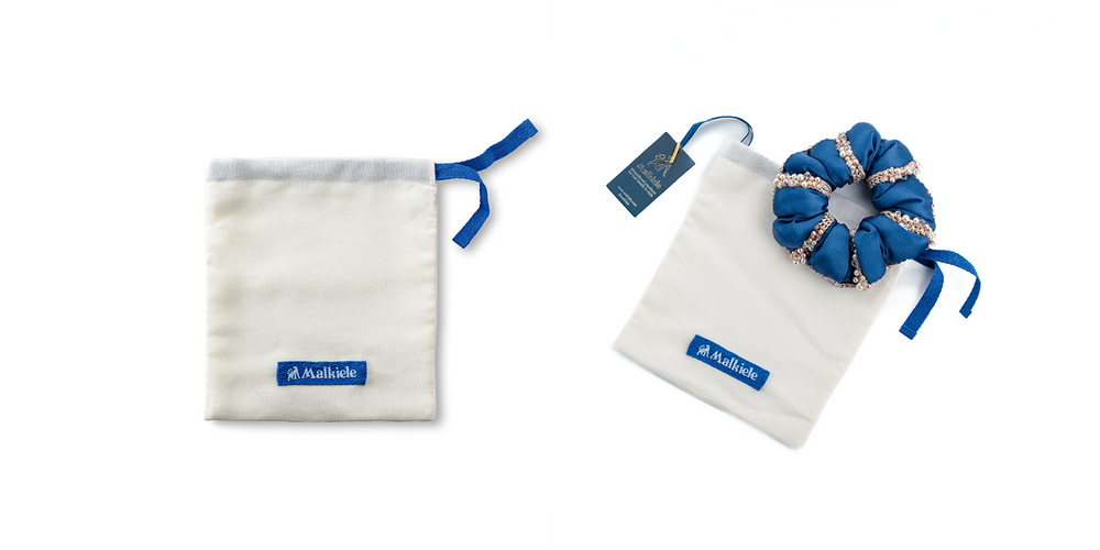 Malkiele sustainable designer cotton dust bags in white for hair accessories.