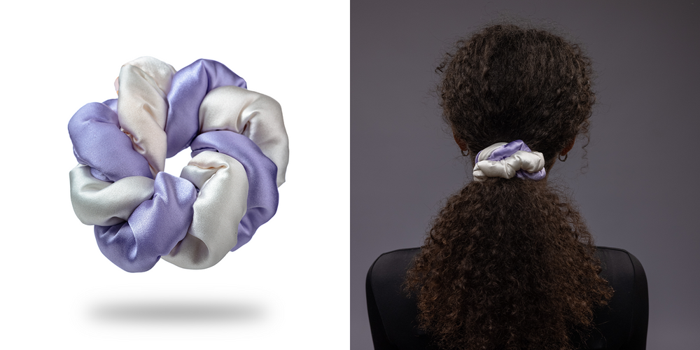 Malkiele size guide for Marianne silk twisted scrunchies, a blonde-haired woman with ponytail is wearing white lavender scrunchie.