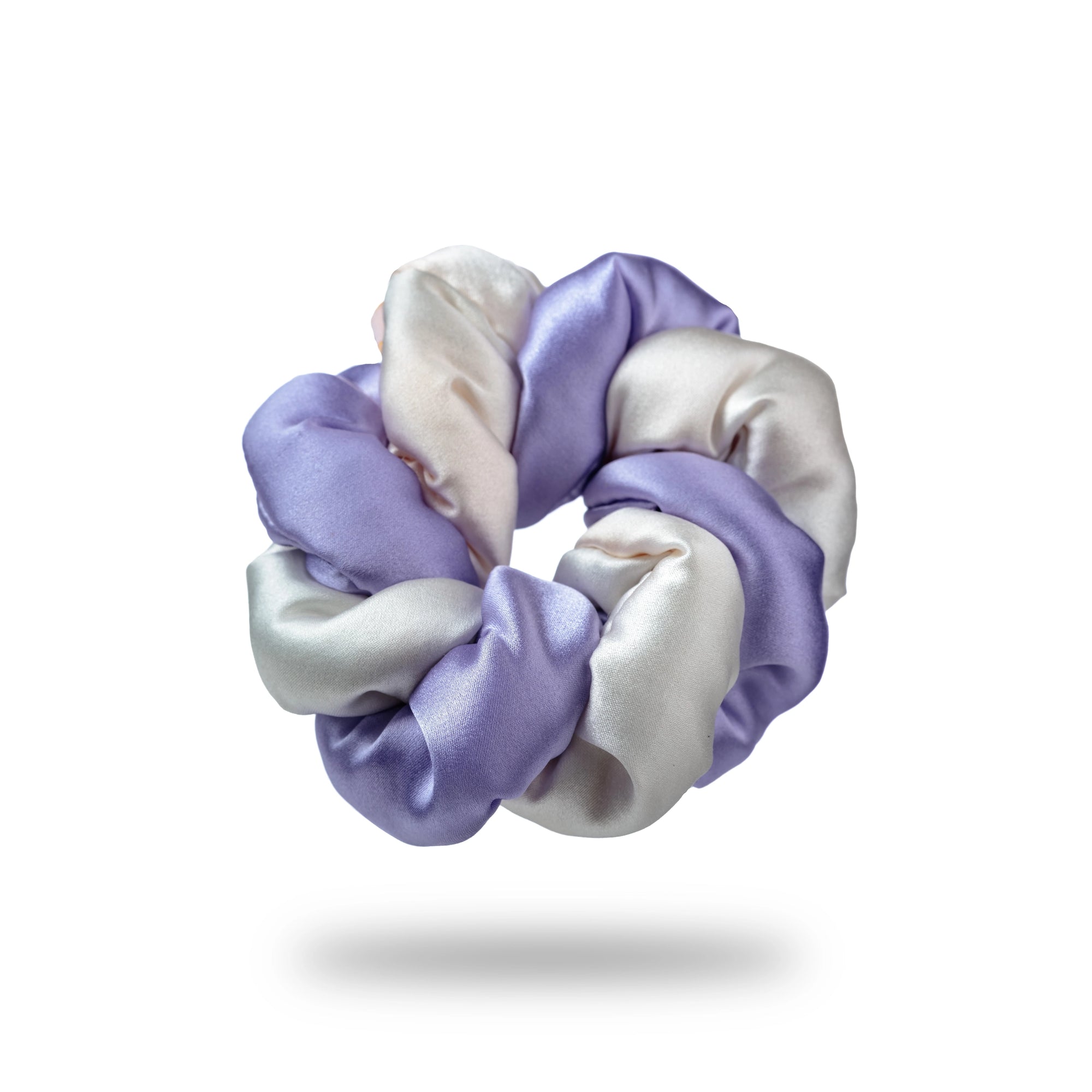 Malkiele designer Marianne silk scrunchie, in white and lavender colors.