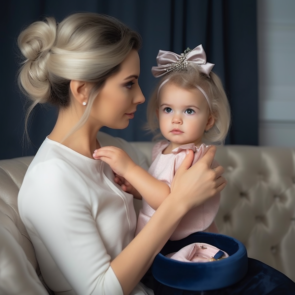 A blonde-haired woman holds her little daughter, they are sitting on the sofa