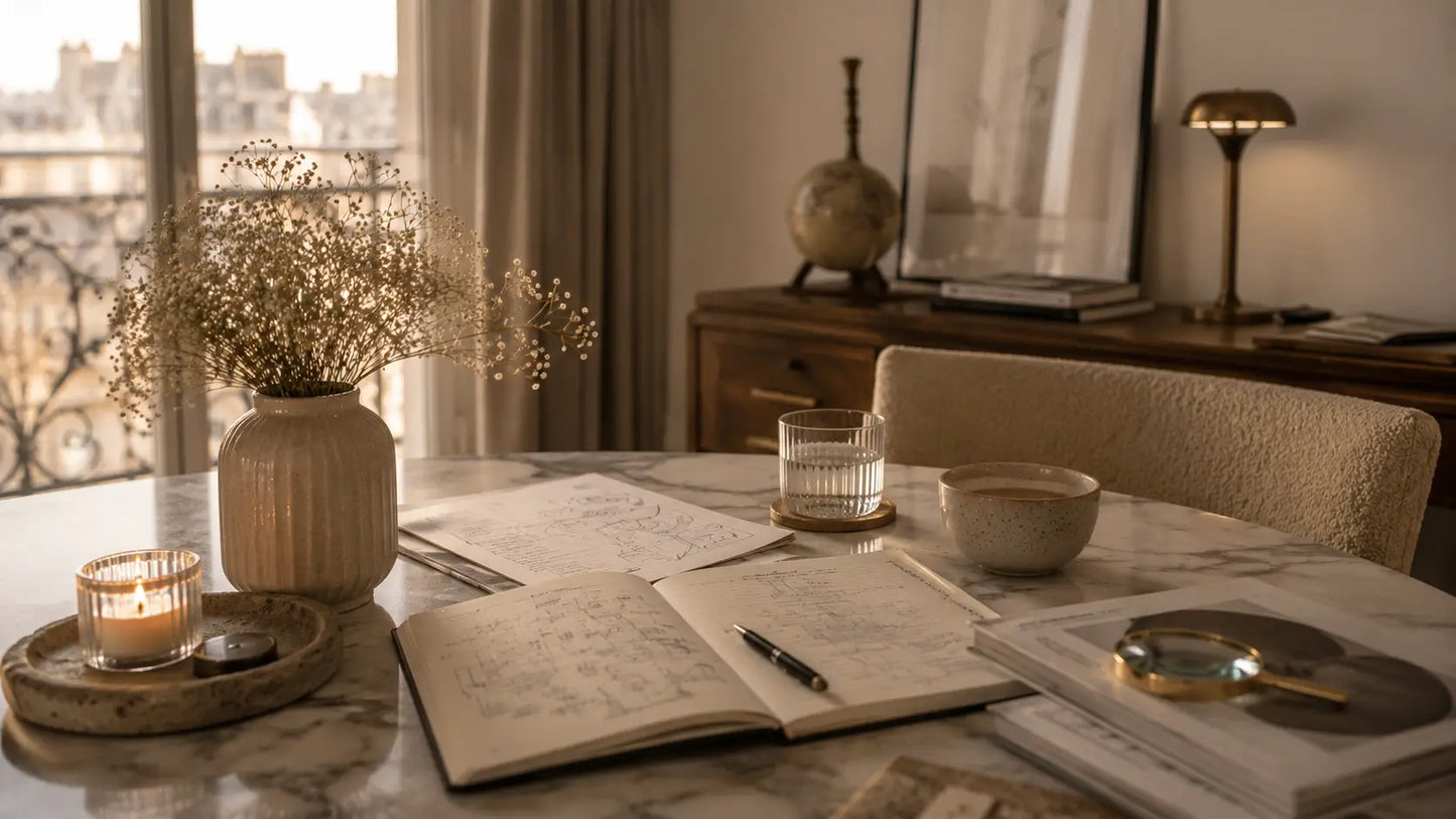 Table setting with open notebook, pen, and candle in a cozy room.