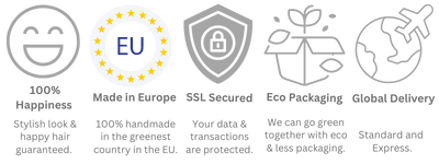 Trust badges for product page of Malkiele sustainable designer for silk hair accessories, made in Europe, global delivery, eco packaging, ssl secured, 100% happiness.