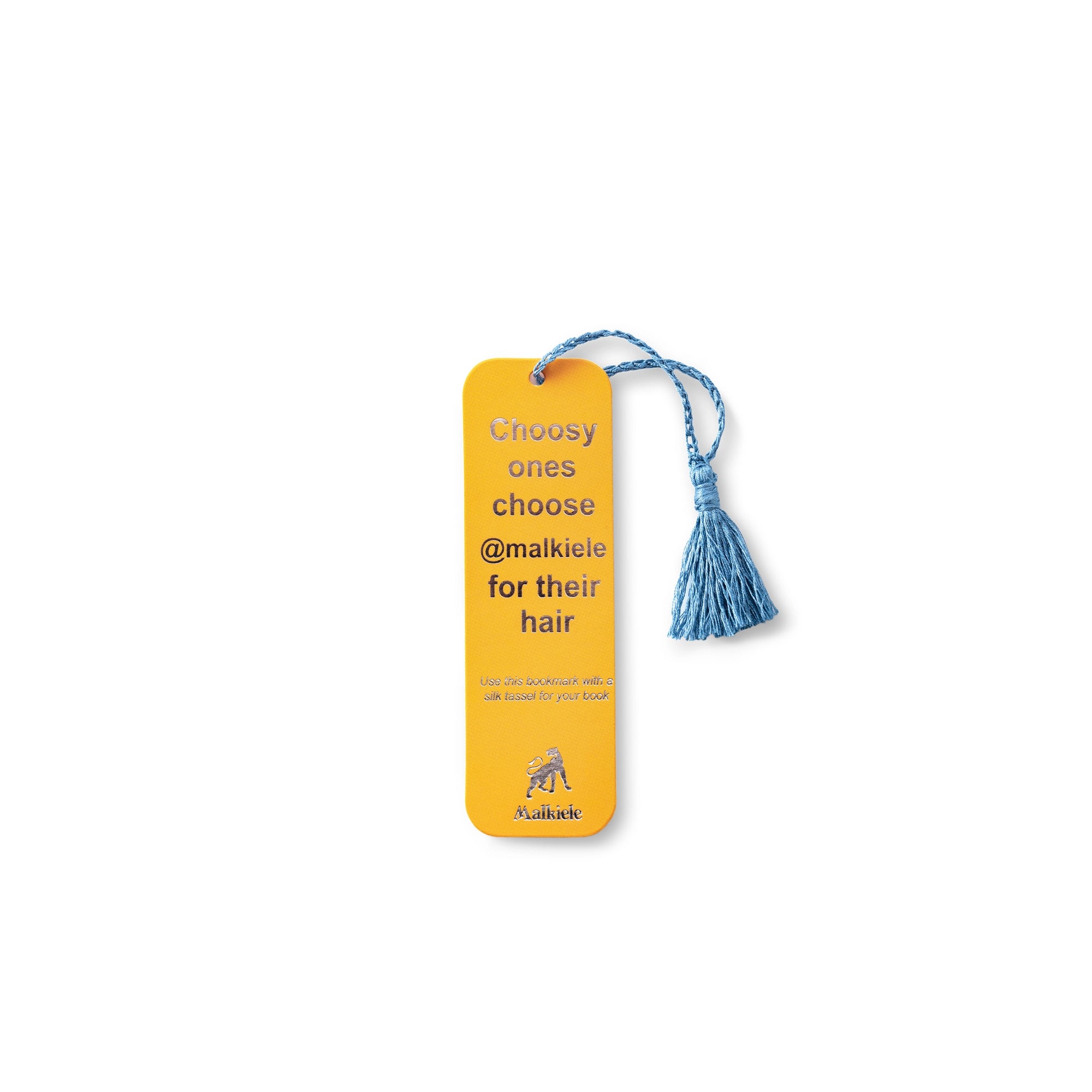 Malkiele designer Witty bookmark with silk tassel, in yellow and light blue colors.