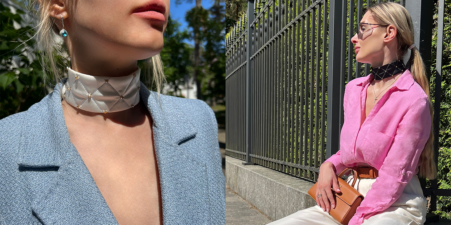 Two stylish women are wearing Malkiele designer silk choker necklaces in white and black