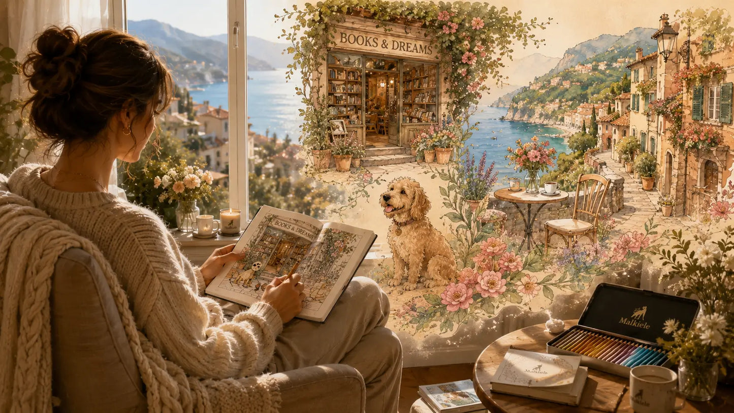 A cozy interior scene showing a woman seated by a large window, reading a book, with a golden dog beside the window. Outside the window is a painted or printed scenic view of a seaside town with flowers, tables, and a shop labeled 'Books & Dreams.