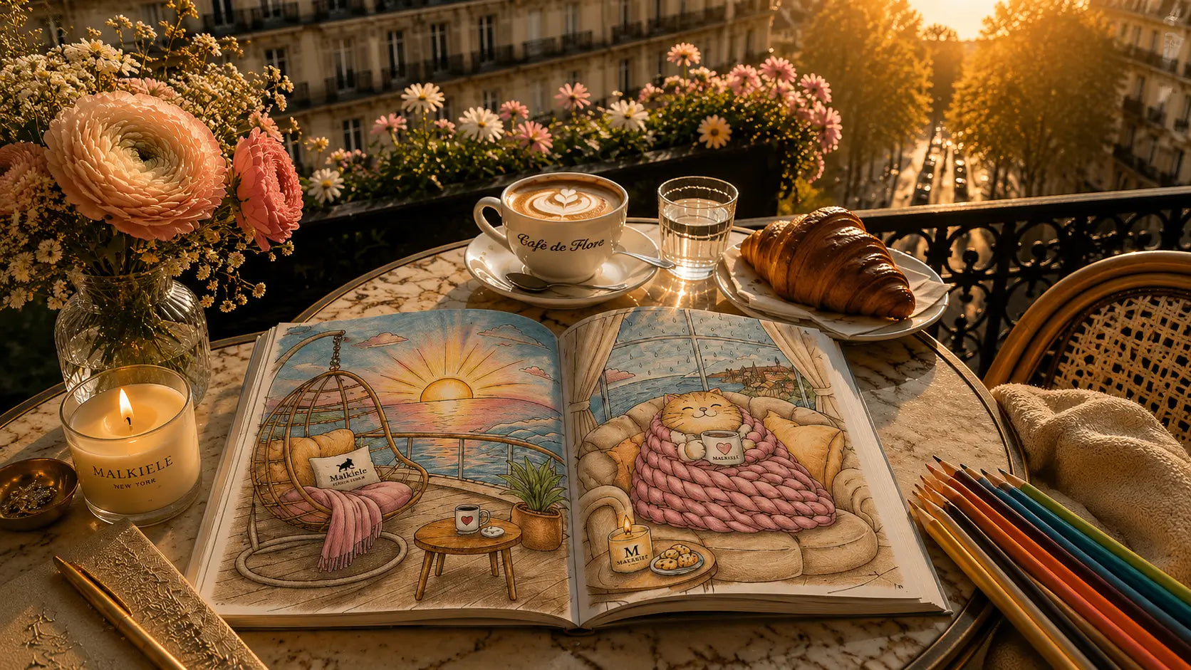 Adult coloring book on the terrace in Paris