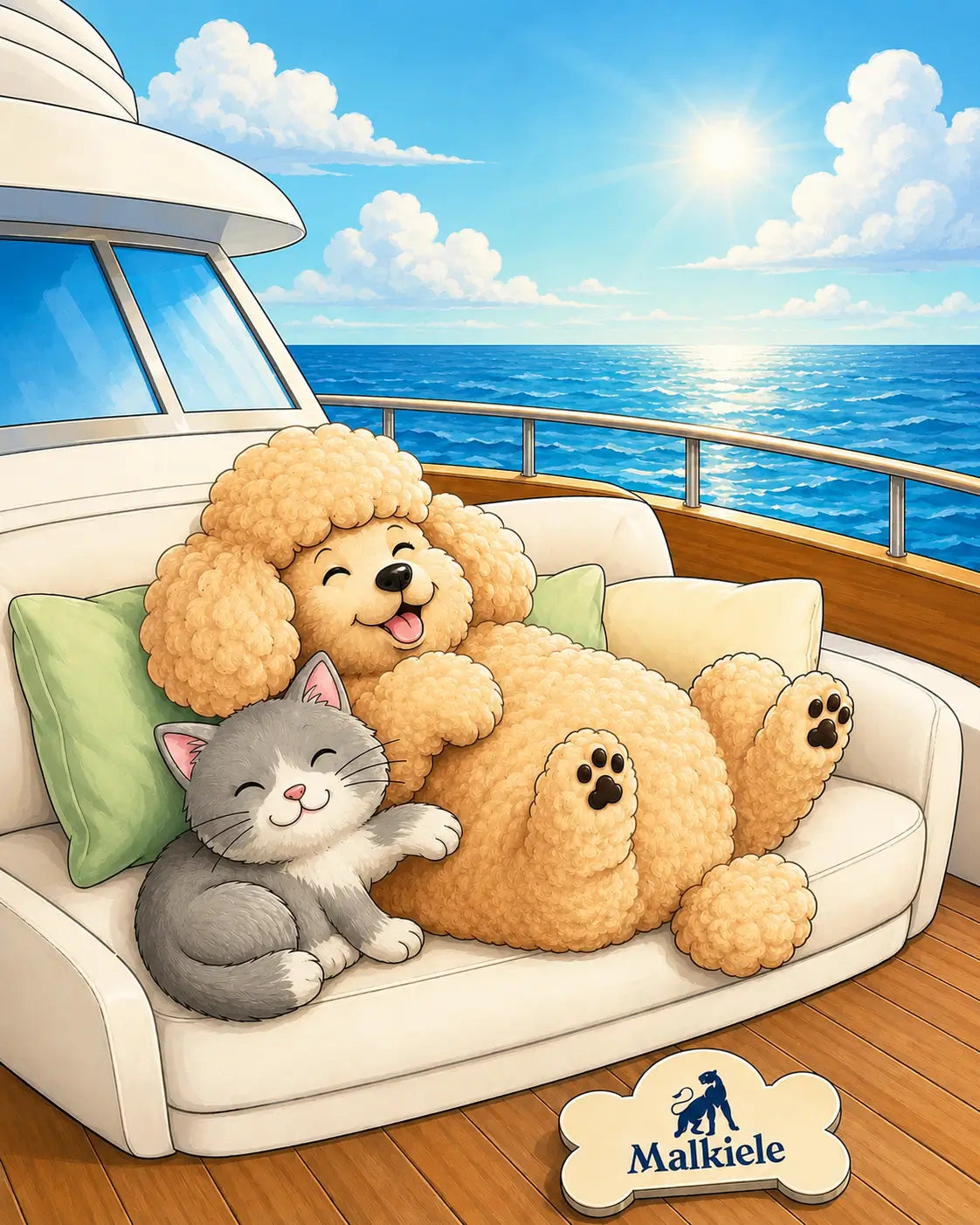 A cartoon-style scene of a fluffy tan dog and a gray cat lounging on a white sofa on a boat deck, with the ocean and blue sky in the background. A bone-shaped logo at the bottom reads Malkieles.