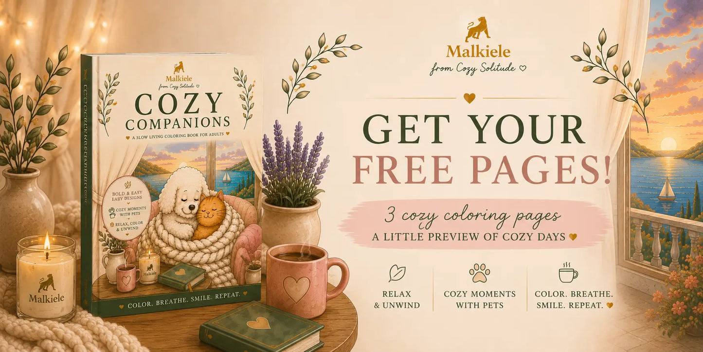 A cozy promotional scene for the book 'Cozy Companions' by Malkiele, showing the book cover on a table beside a candle, mug, plants, and a sunset window. Text reads 'GET YOUR FREE PAGES!' and '3 cozy coloring pages.