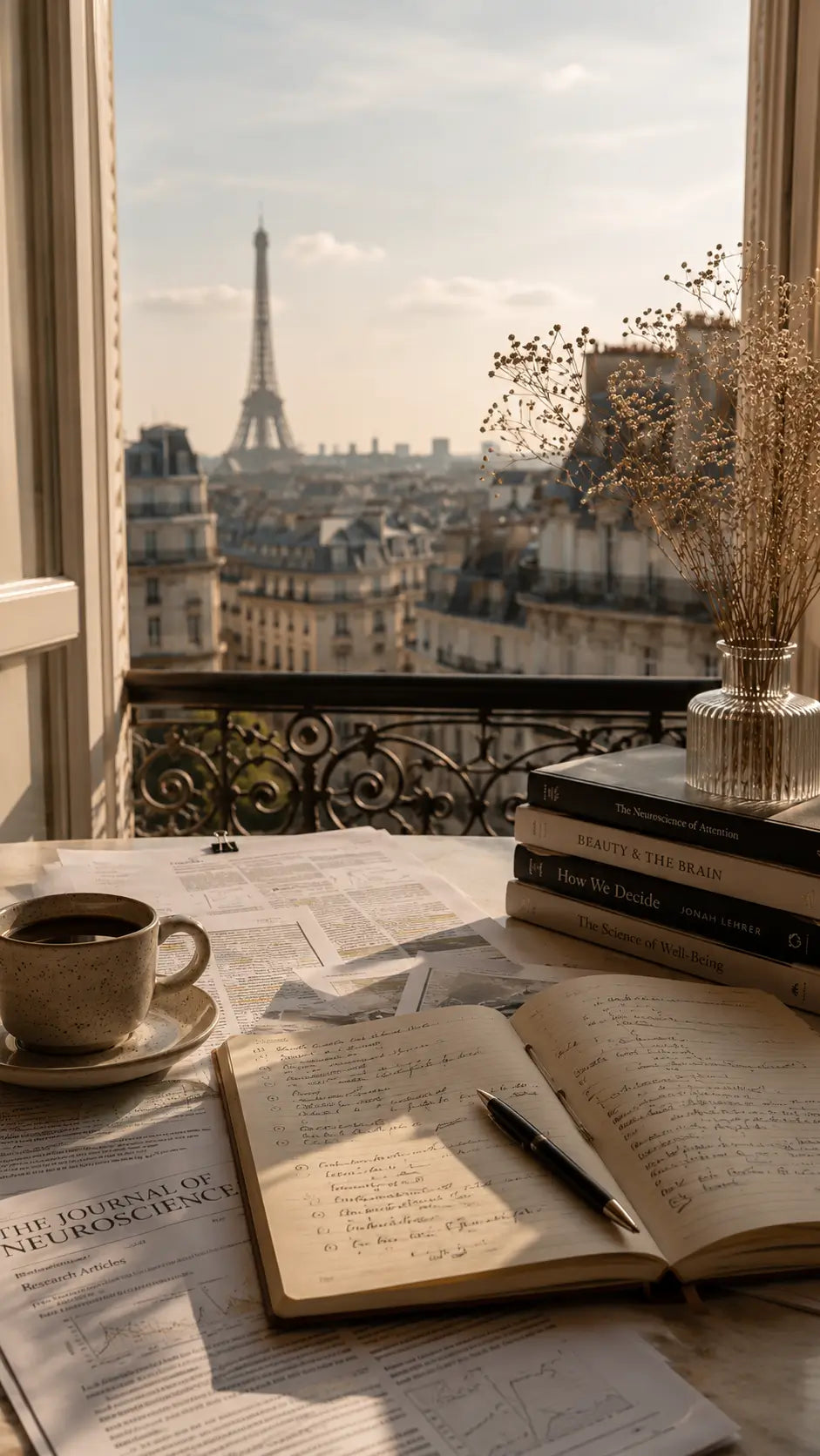 Open book, coffee cup, and newspaper on a table with a view of the Eiffel Tower.