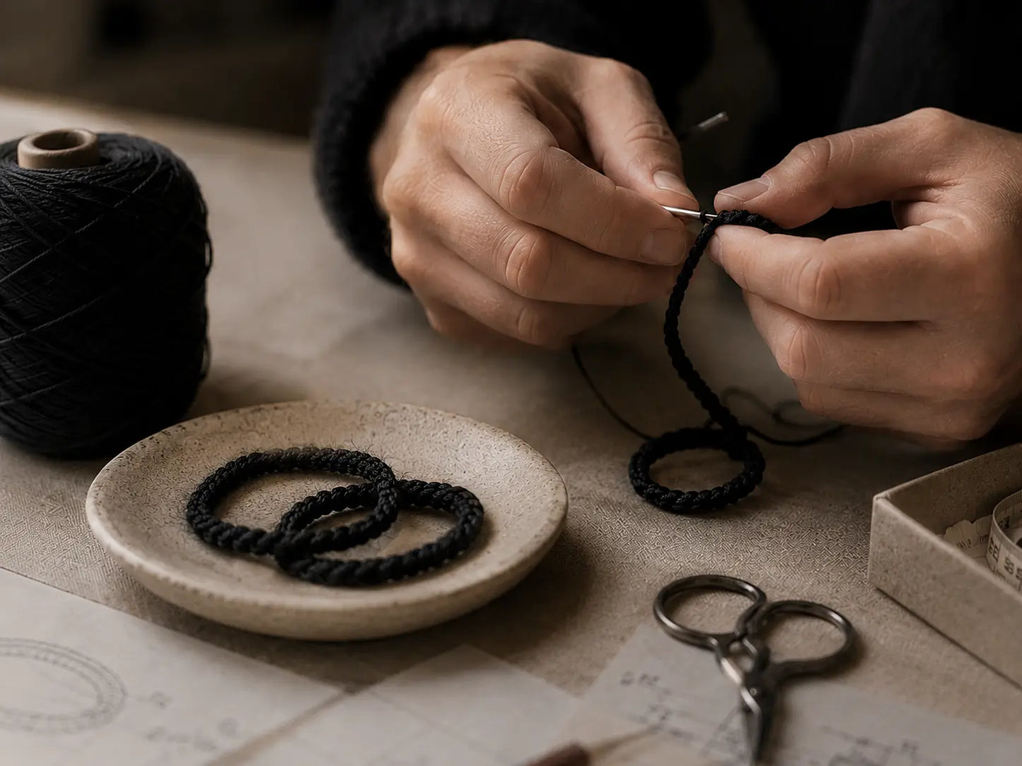 
                  
                    Person tying a knot with black thread on a textured surface with a spool of thread and scissors.
                  
                