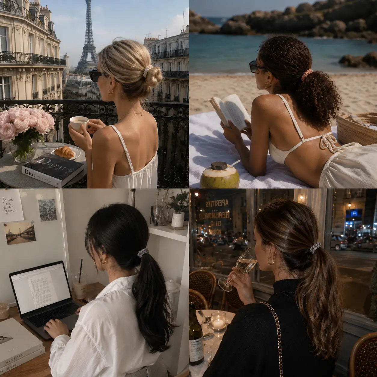 
                  
                    Collage of a woman in various settings: balcony, beach, office, and restaurant.
                  
                