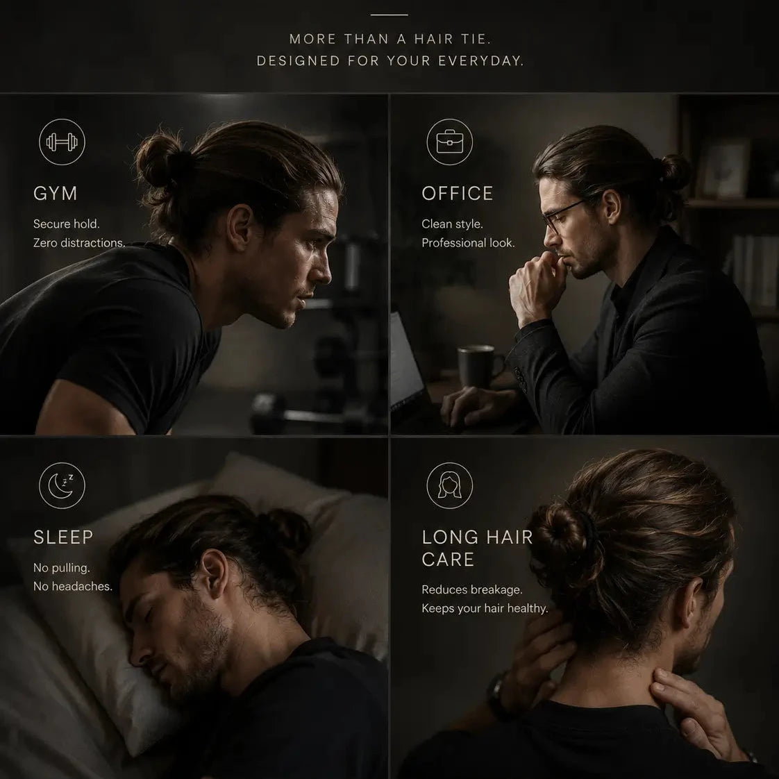 
                  
                    Promotional image for a hair tie, showcasing its uses in gym, office, sleep, and long hair care settings.
                  
                