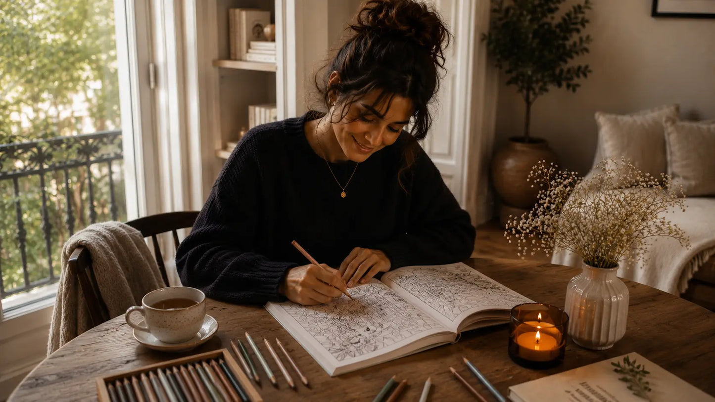 Woman writing in a notebook at a table with a cup of coffee and candles.