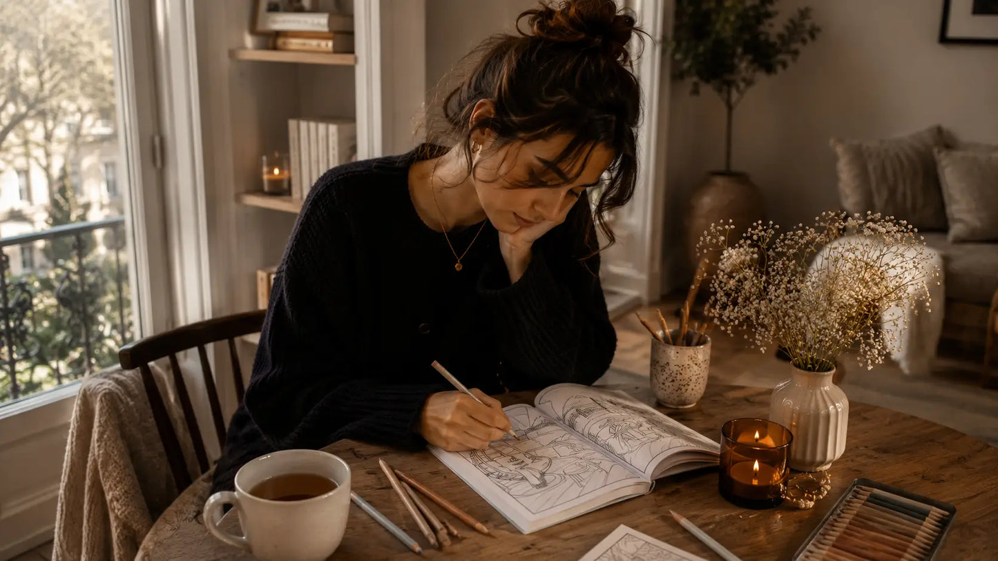 Woman writing in a notebook at a table with a cup of coffee and candles.
